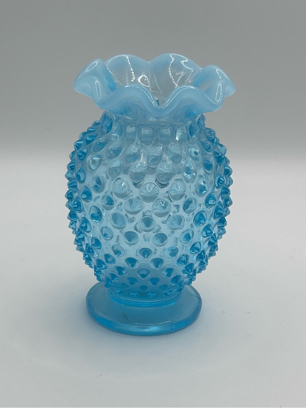 Vintage Fenton Blue Opalescent Hobnail Vase – Ruffled Crimped Rim – 3.5 inch